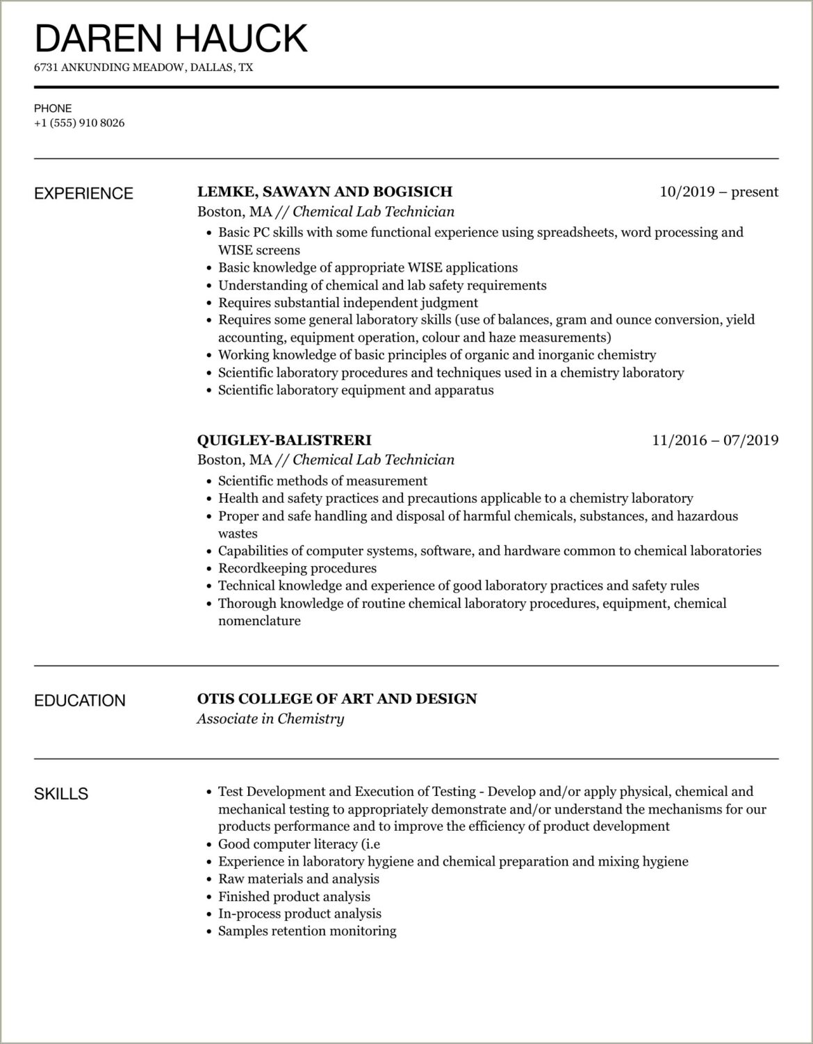 Chemical Lab Technician Resume No Experience