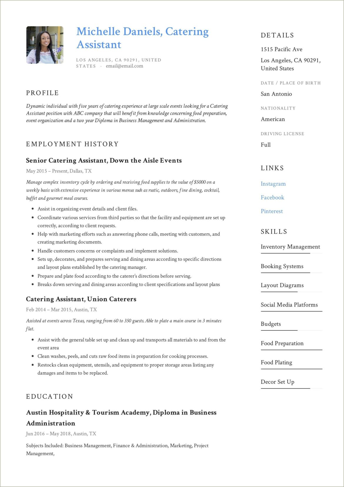 Chick Fil A Catering Assitance Resume Examples