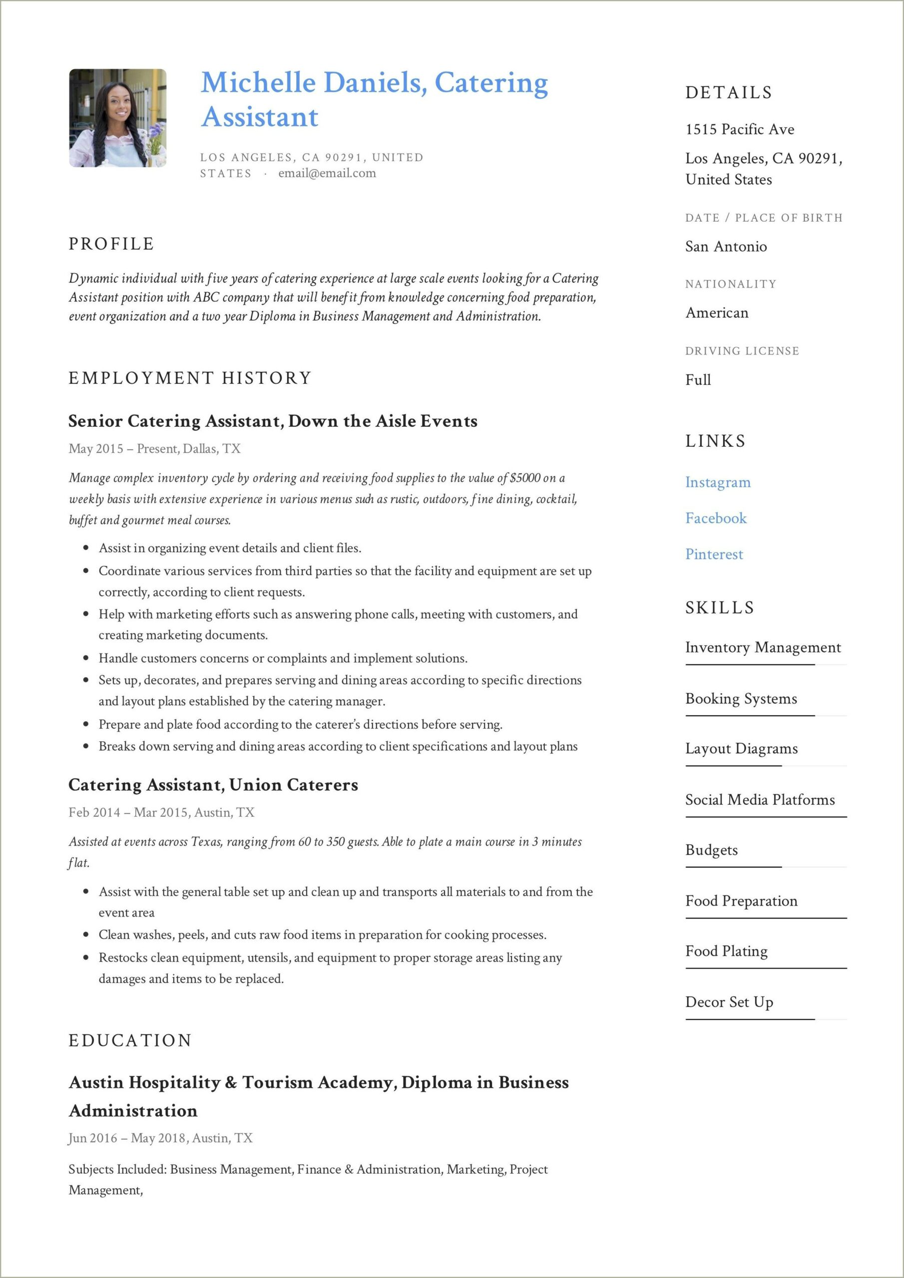 Chick Fil A Catering Assitance Resume Examples