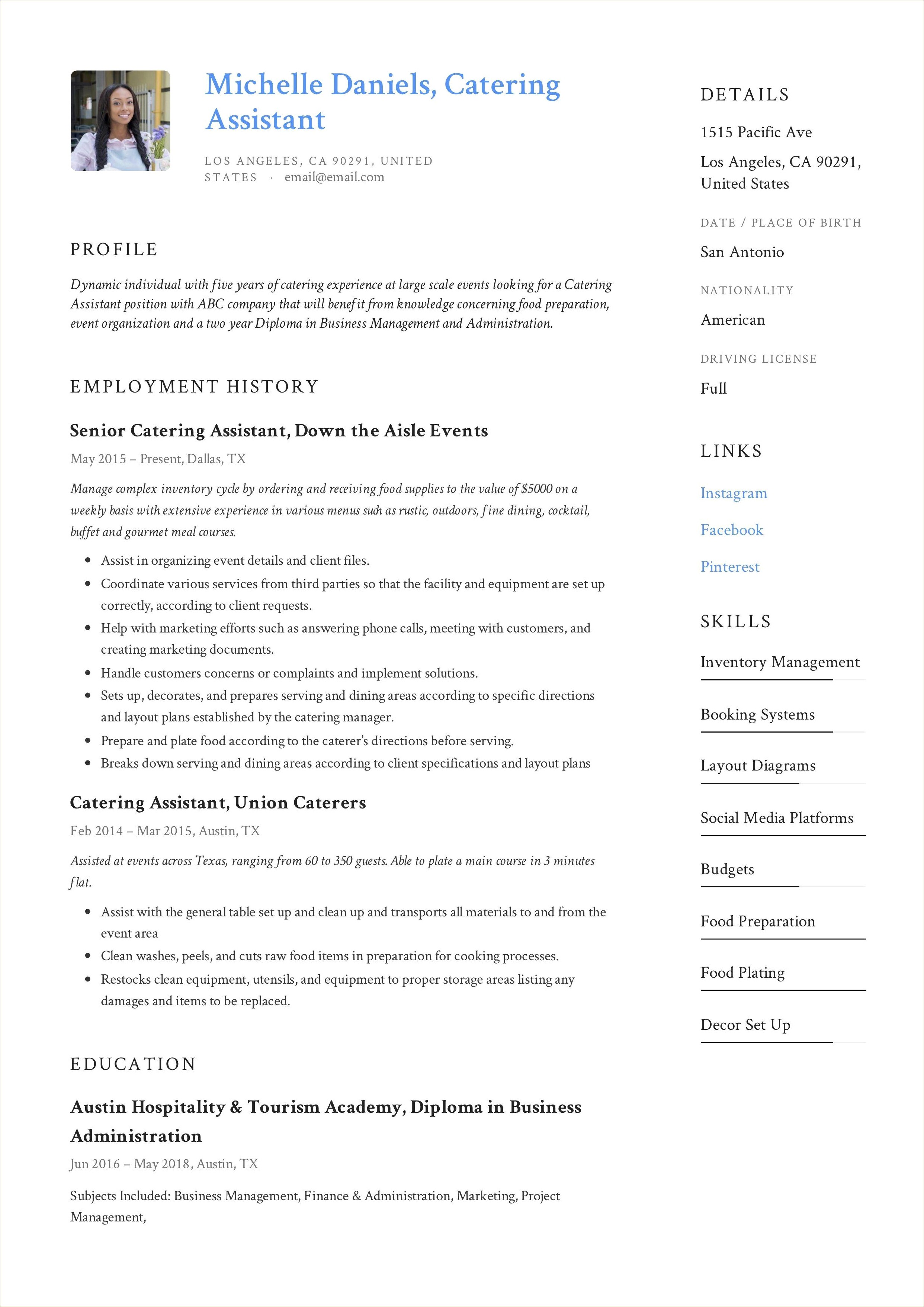 Chick Fil A Catering Assitance Resume Examples