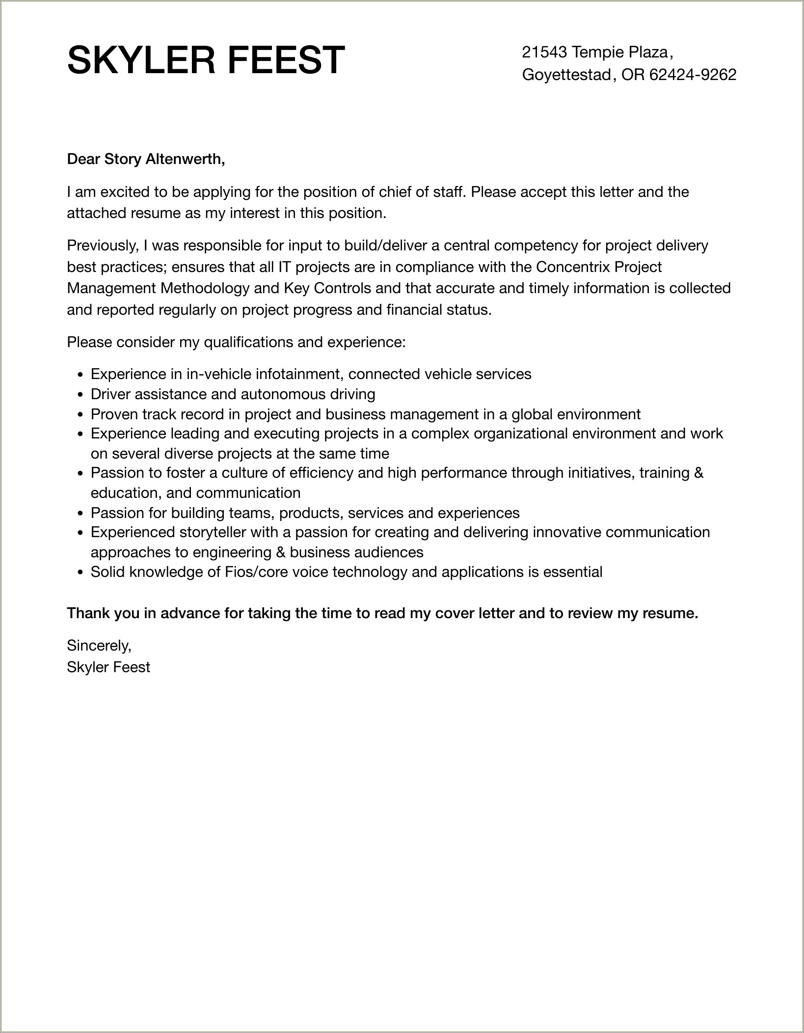 Chief Of Staff Resume Cover Letter