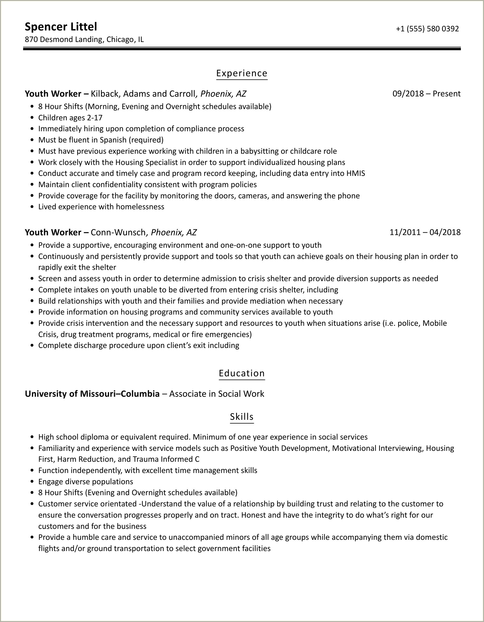 Child And Youth Care Resume Samples