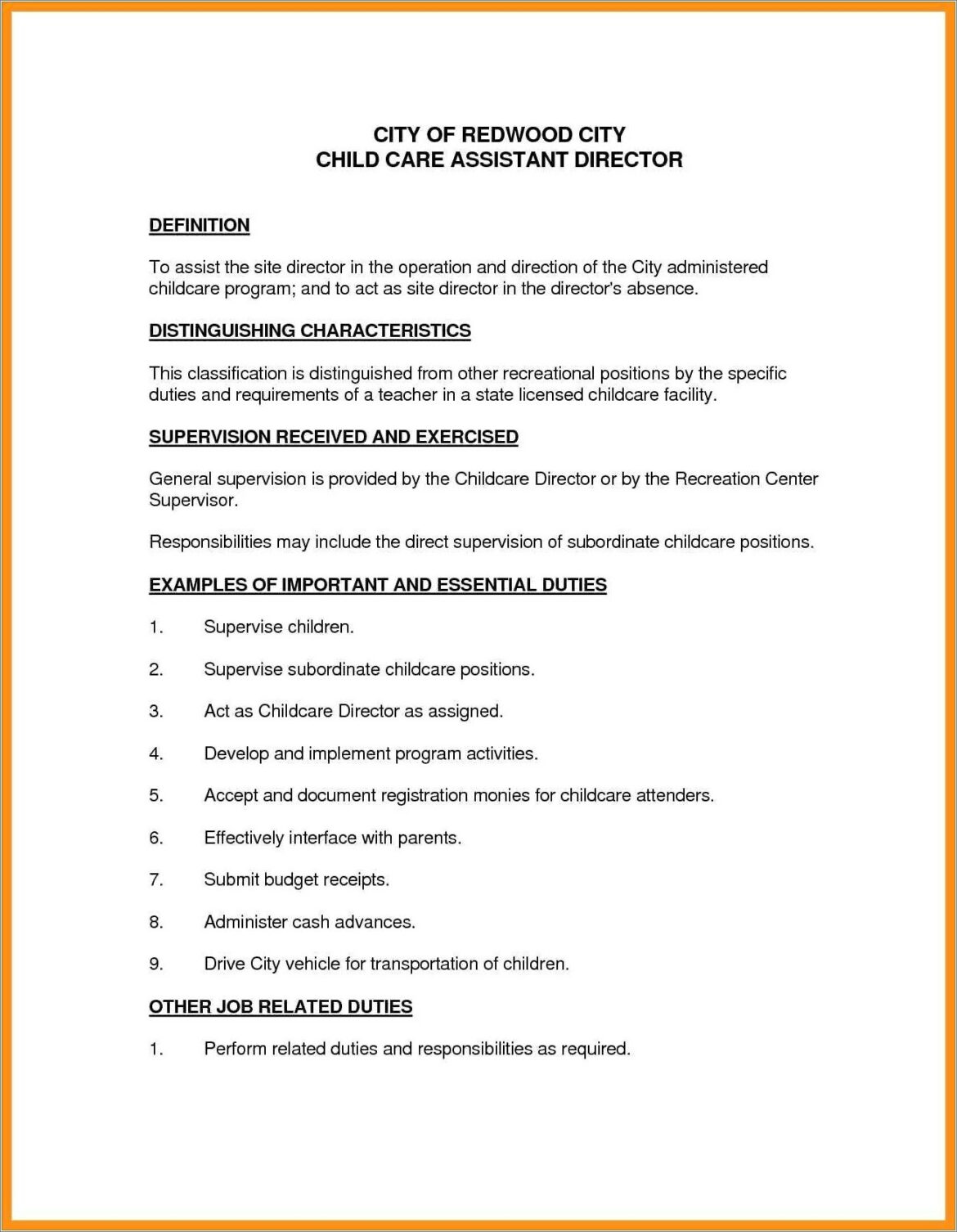 Child Care Assistant Director Resume Sample