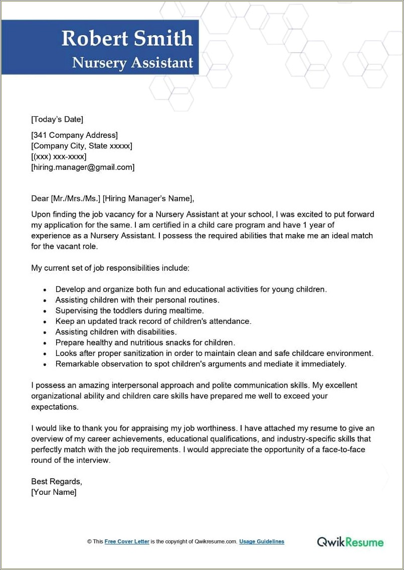Child Care Assistant Resume Cover Letter