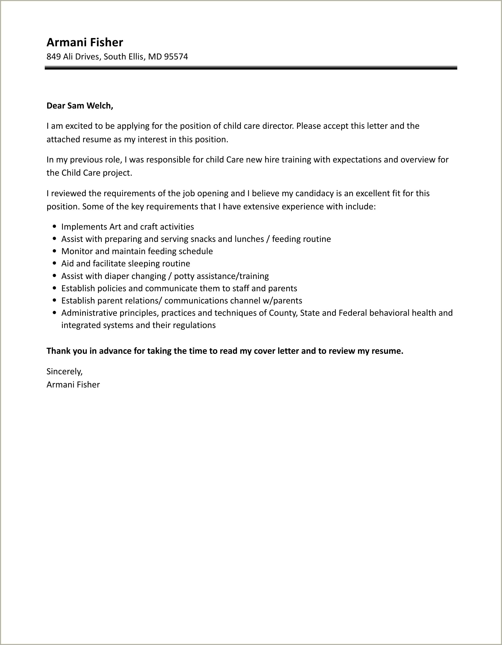 Child Care Director Resume Cover Letter