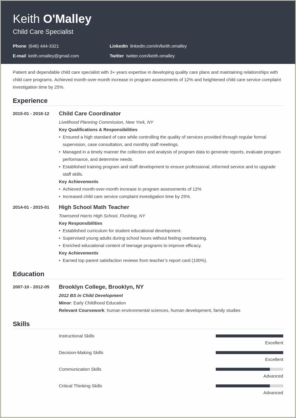 Child Care Provider Description Resume Example