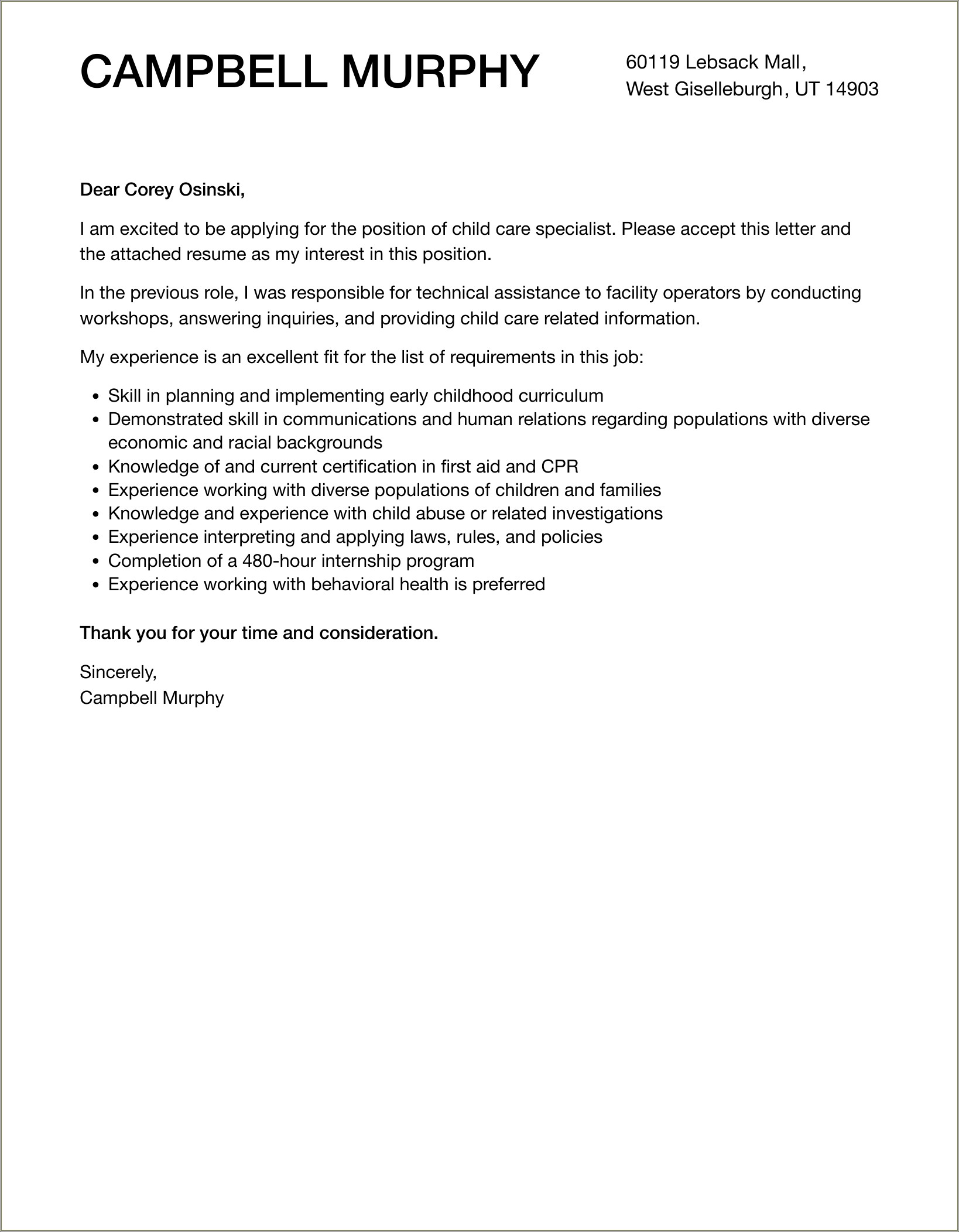 Child Care Resume Cover Letter Example