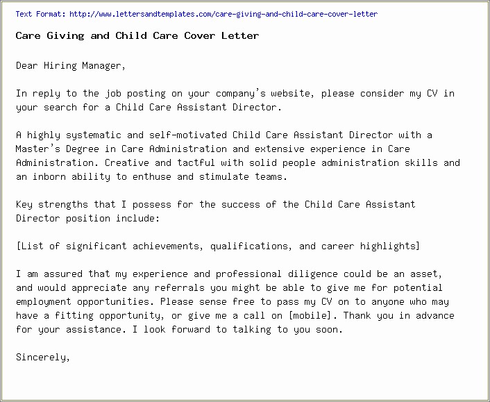 Child Care Resume Cover Letter Sample