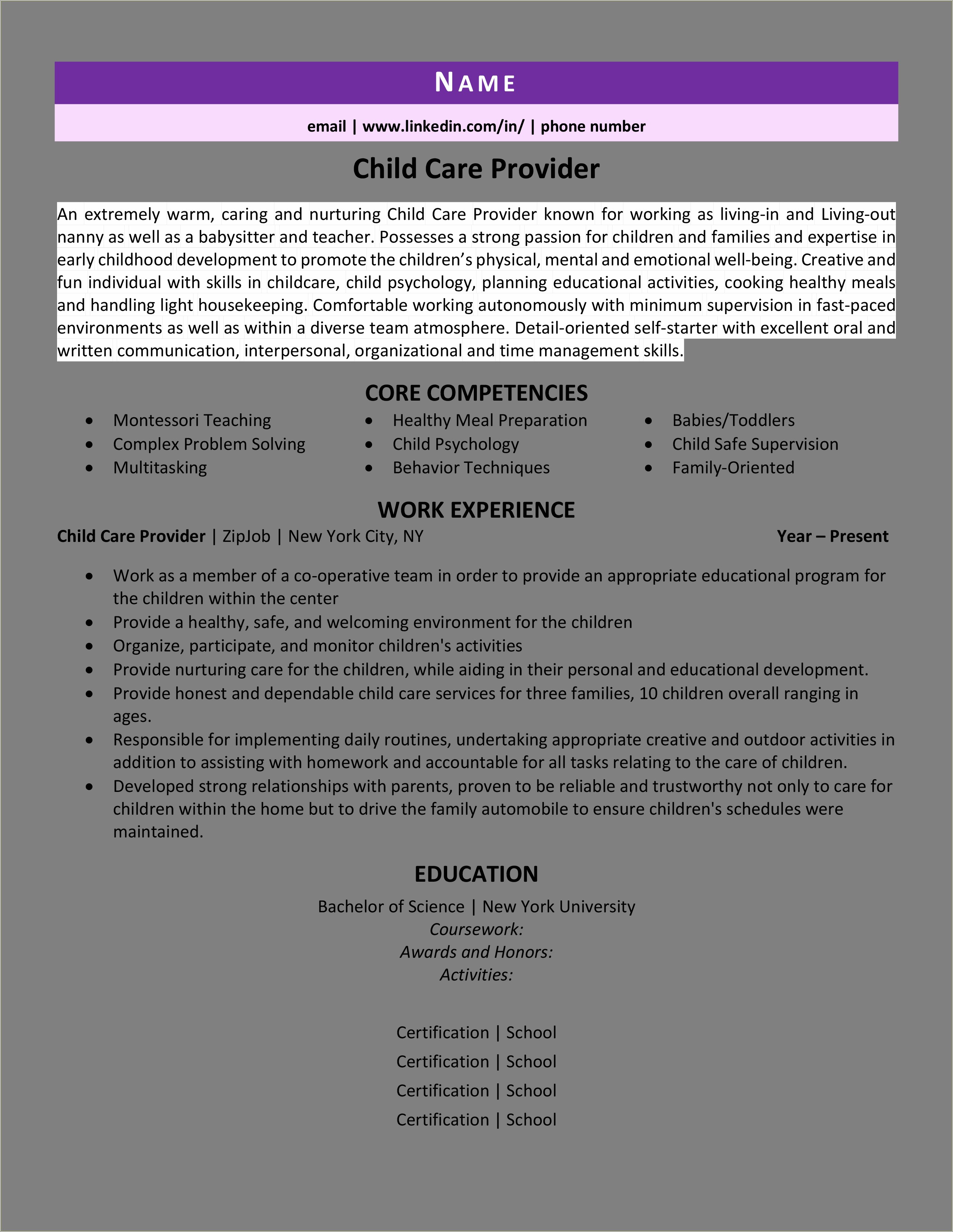 Child Care Worker Description For Resume