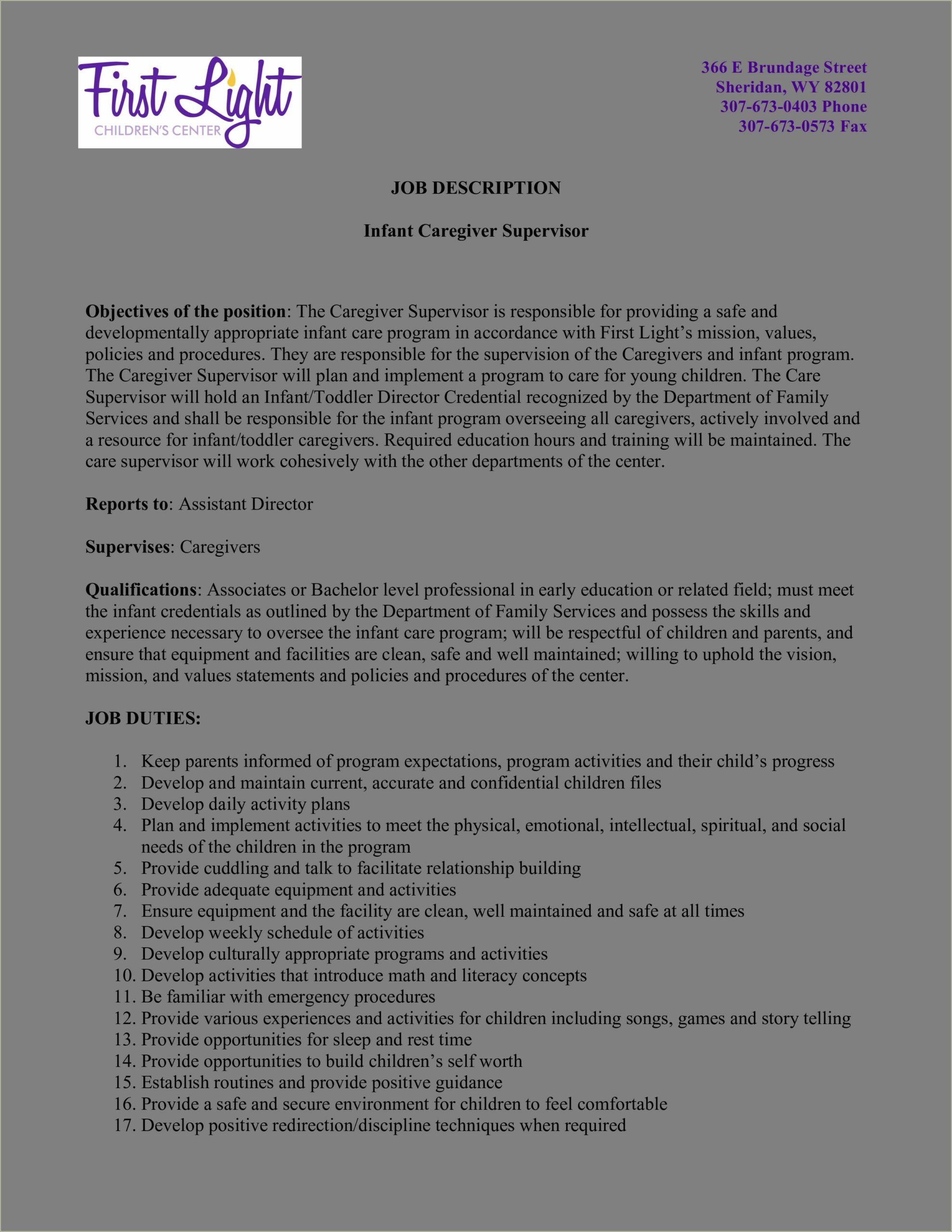 Child Caregiver Job Description For Resume
