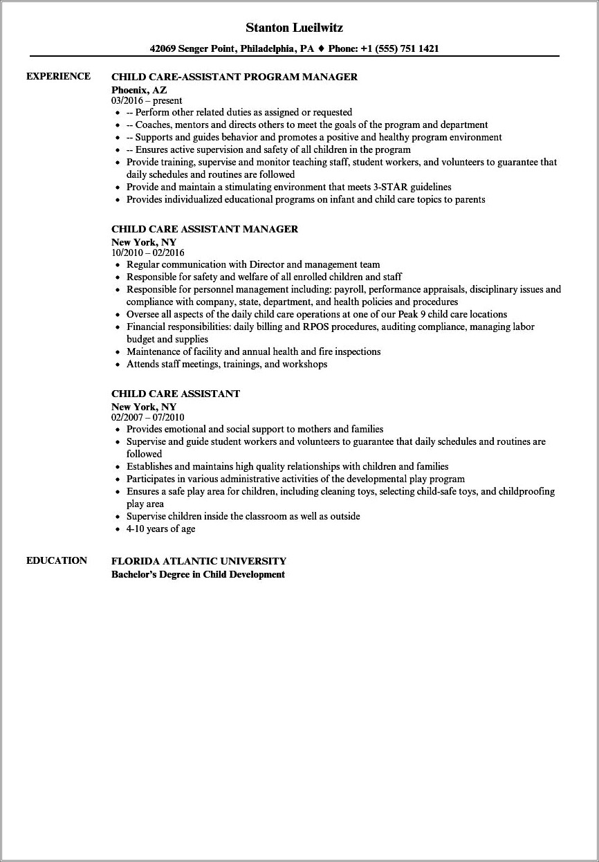 Childcare Assistant Resume And Cover Letter