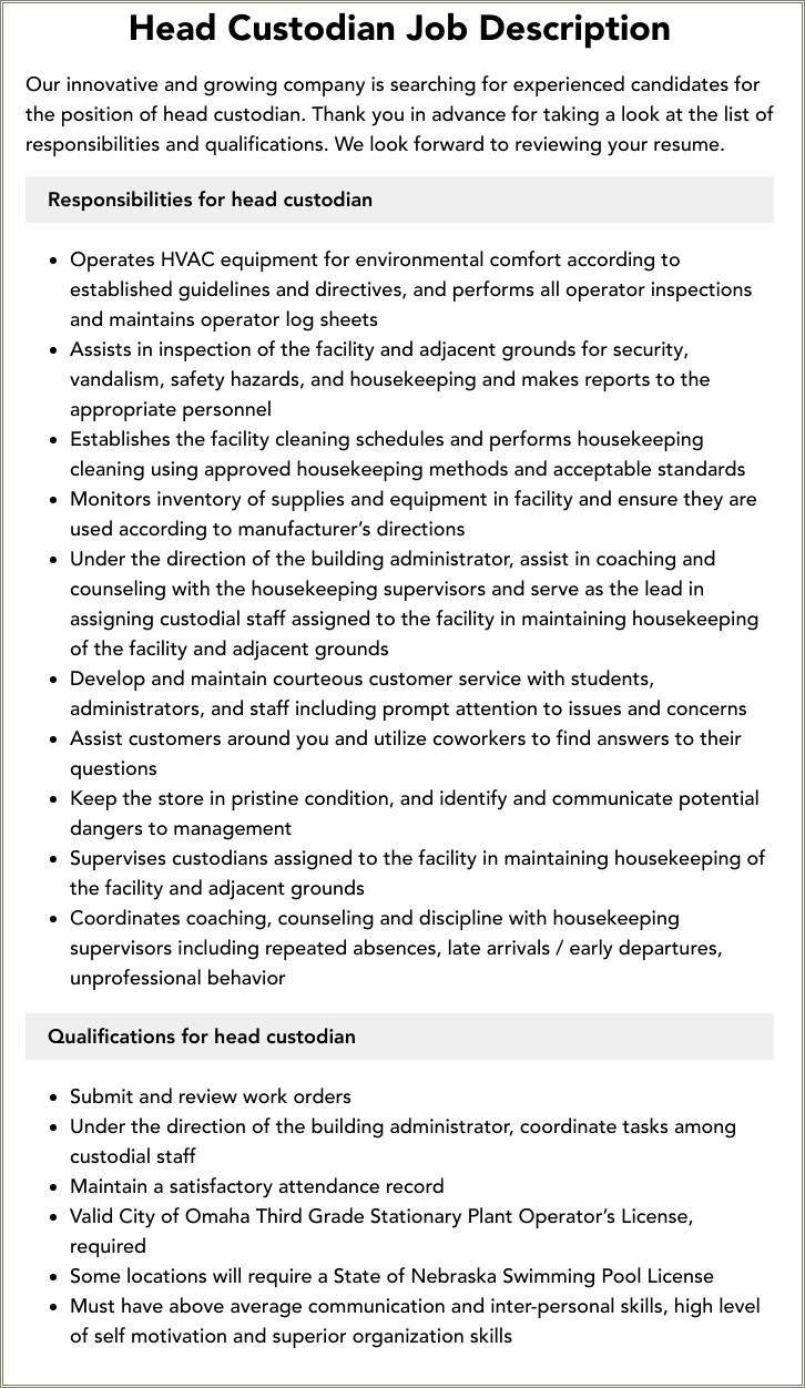 Church Custodian Job Description For Resume