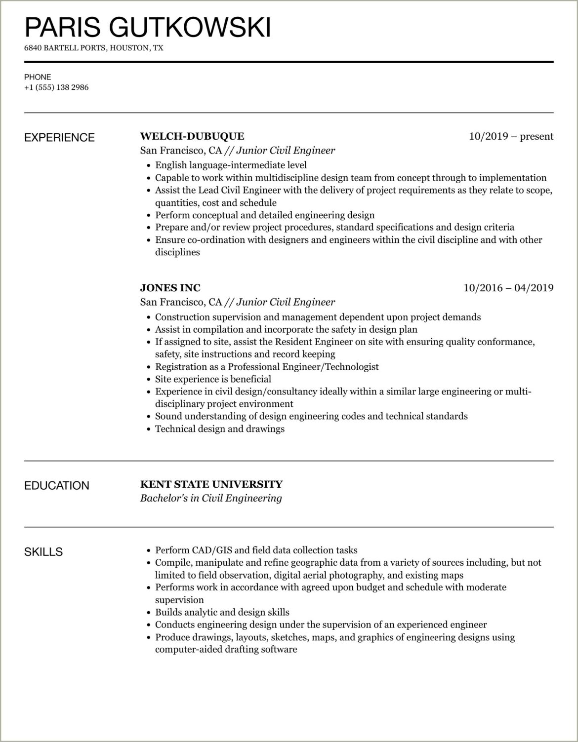 Civil Engineer 1 Year Experience Resume