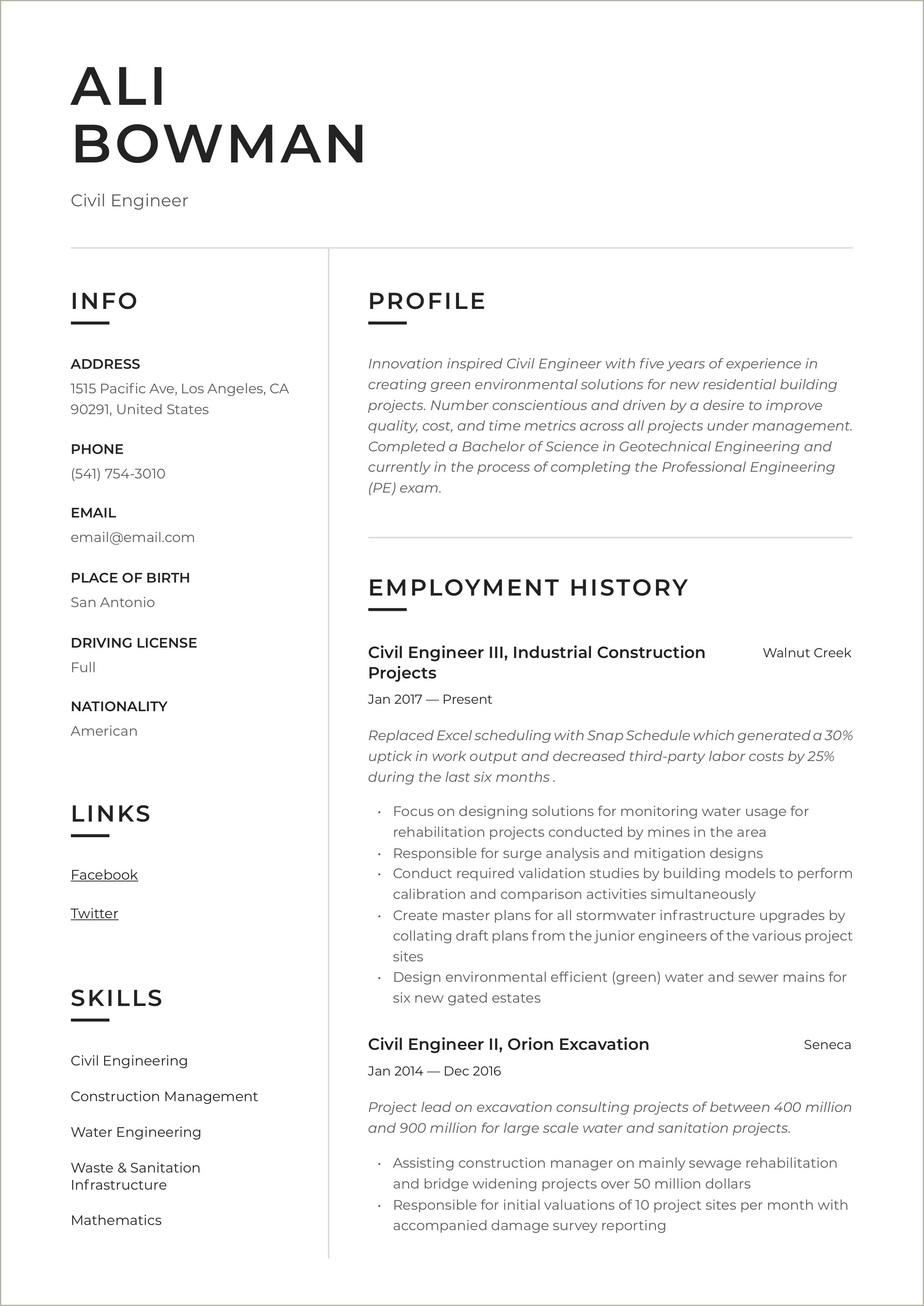 Civil Engineer Resume In Word Format