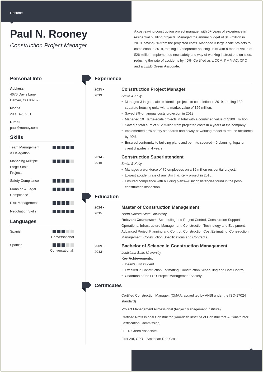 Civil Engineering Project Manager Resume Sample