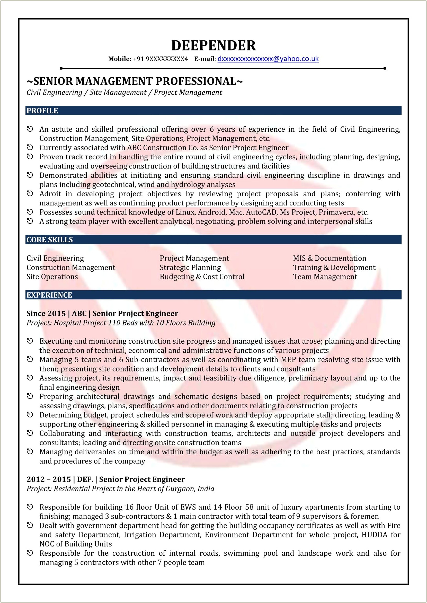 Civil Engineering Resume For Freshers Word Format