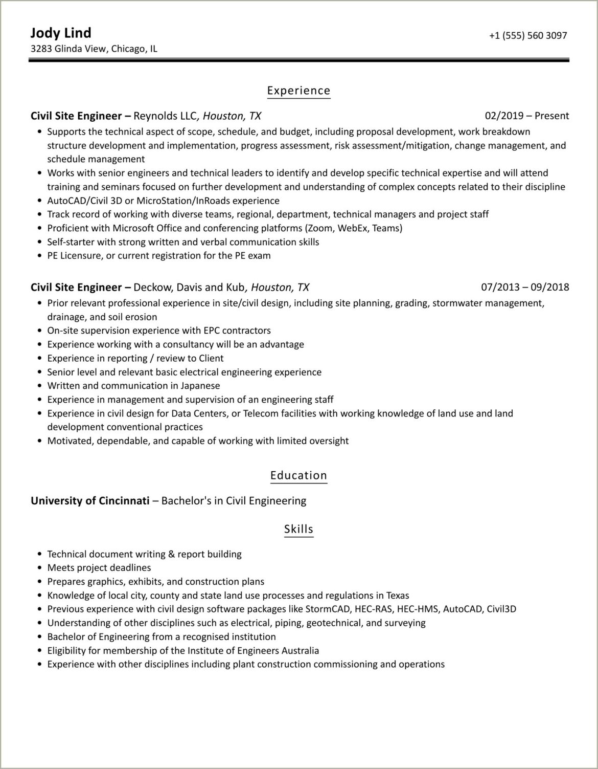 Civil Site Engineer Experience Resume Pdf Download