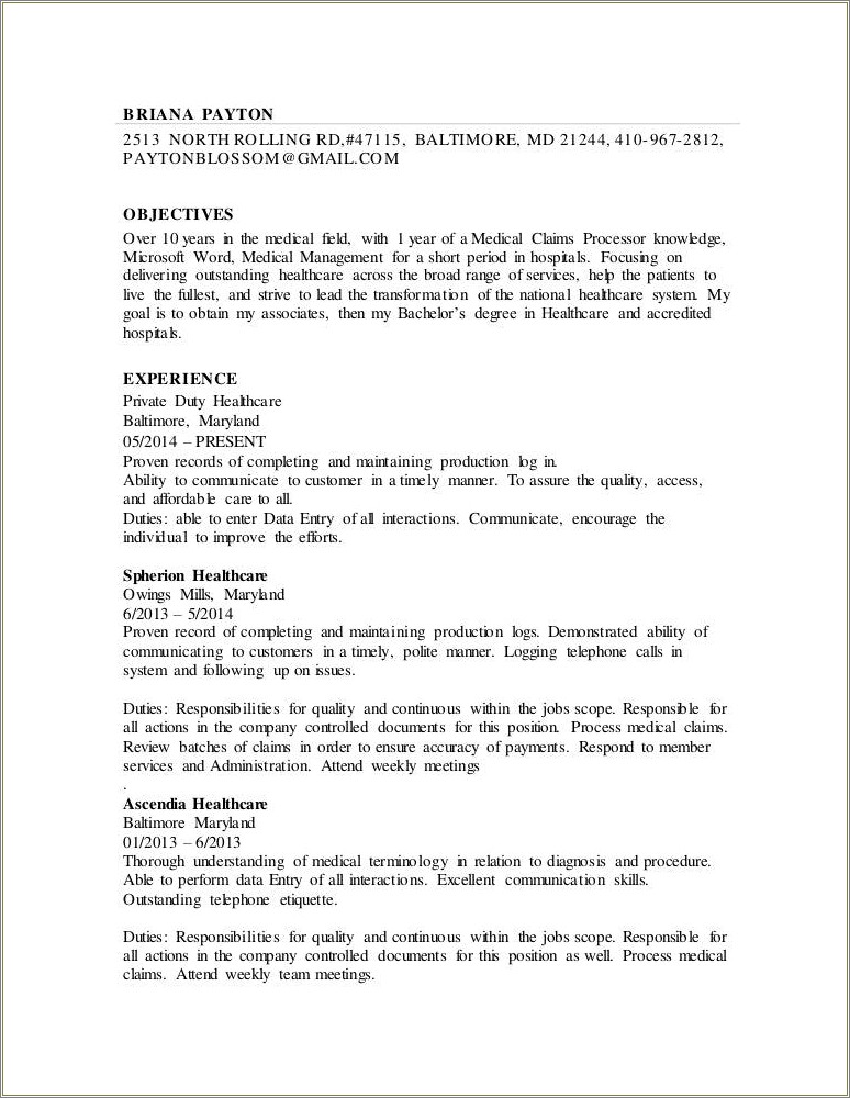 Claim Processor Job Description For Resume