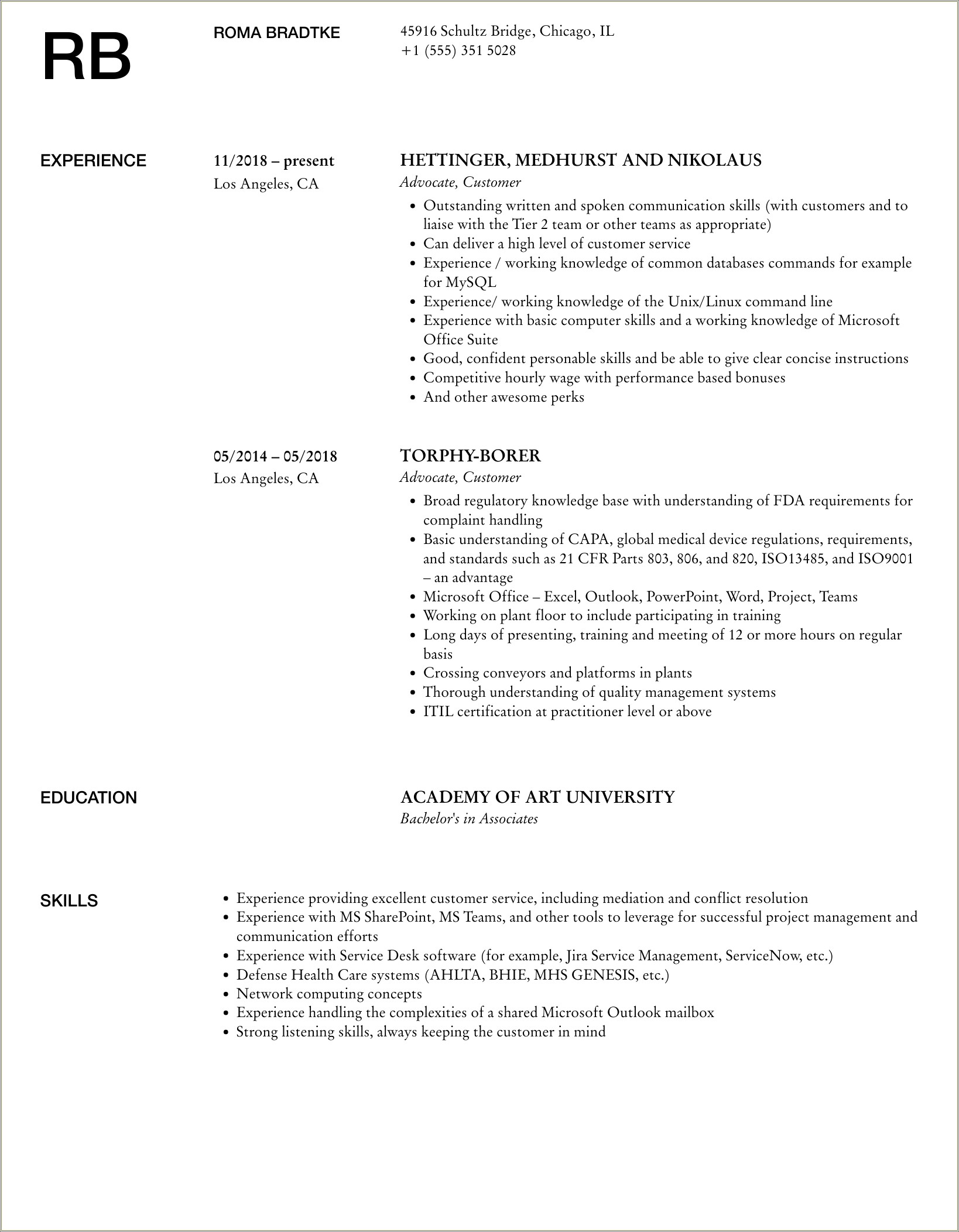 Claims Customer Service Advocate Resume Sample Jobhero