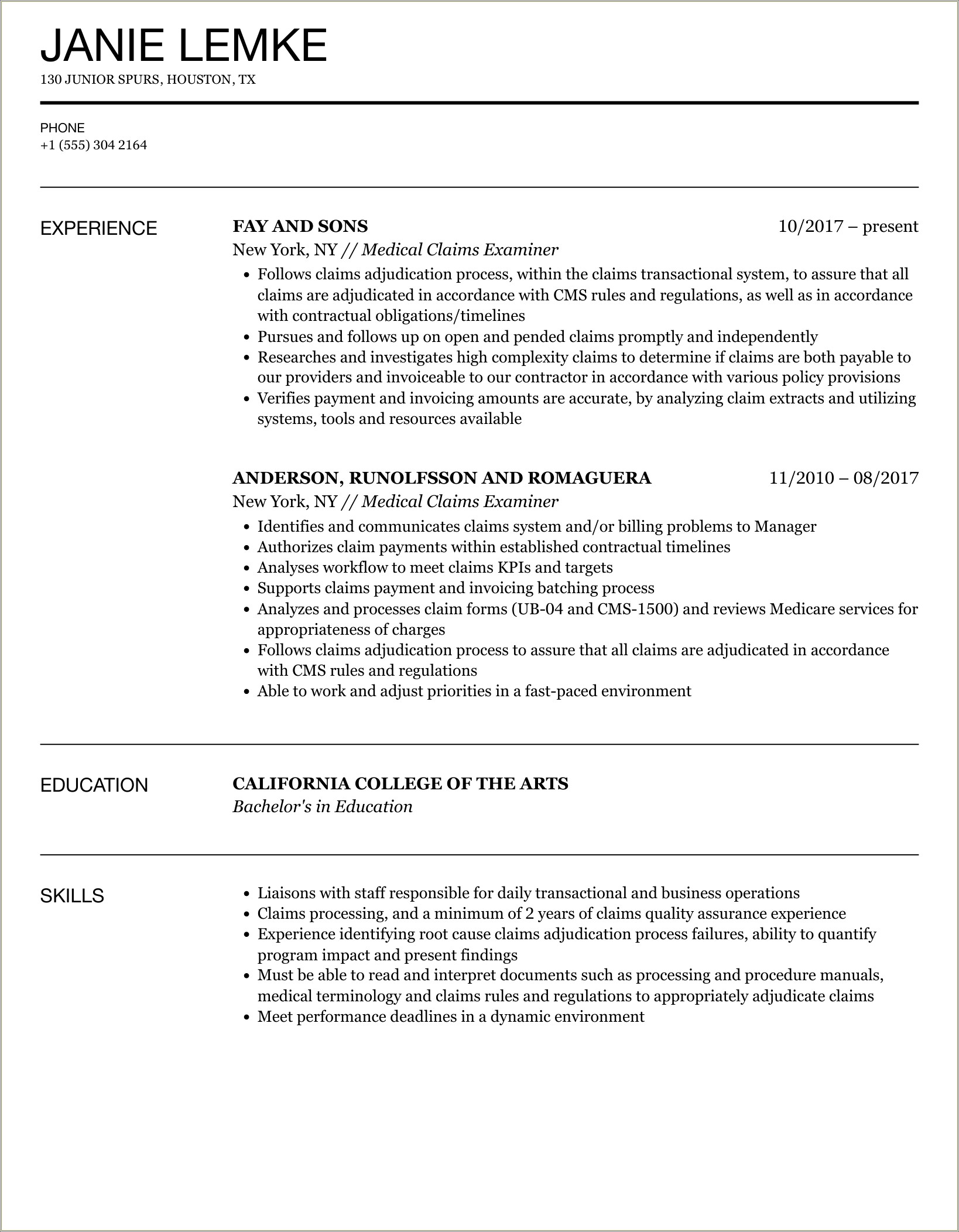 Claims Examiner Job Description For Resume