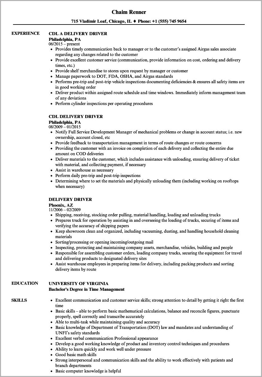 Class C Truck Driver Resume Example Chicago