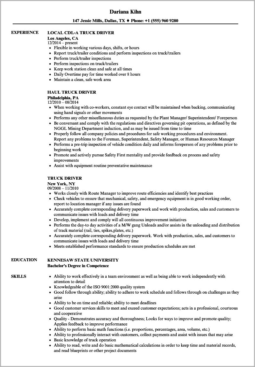 Class C Truck Driver Resume Example