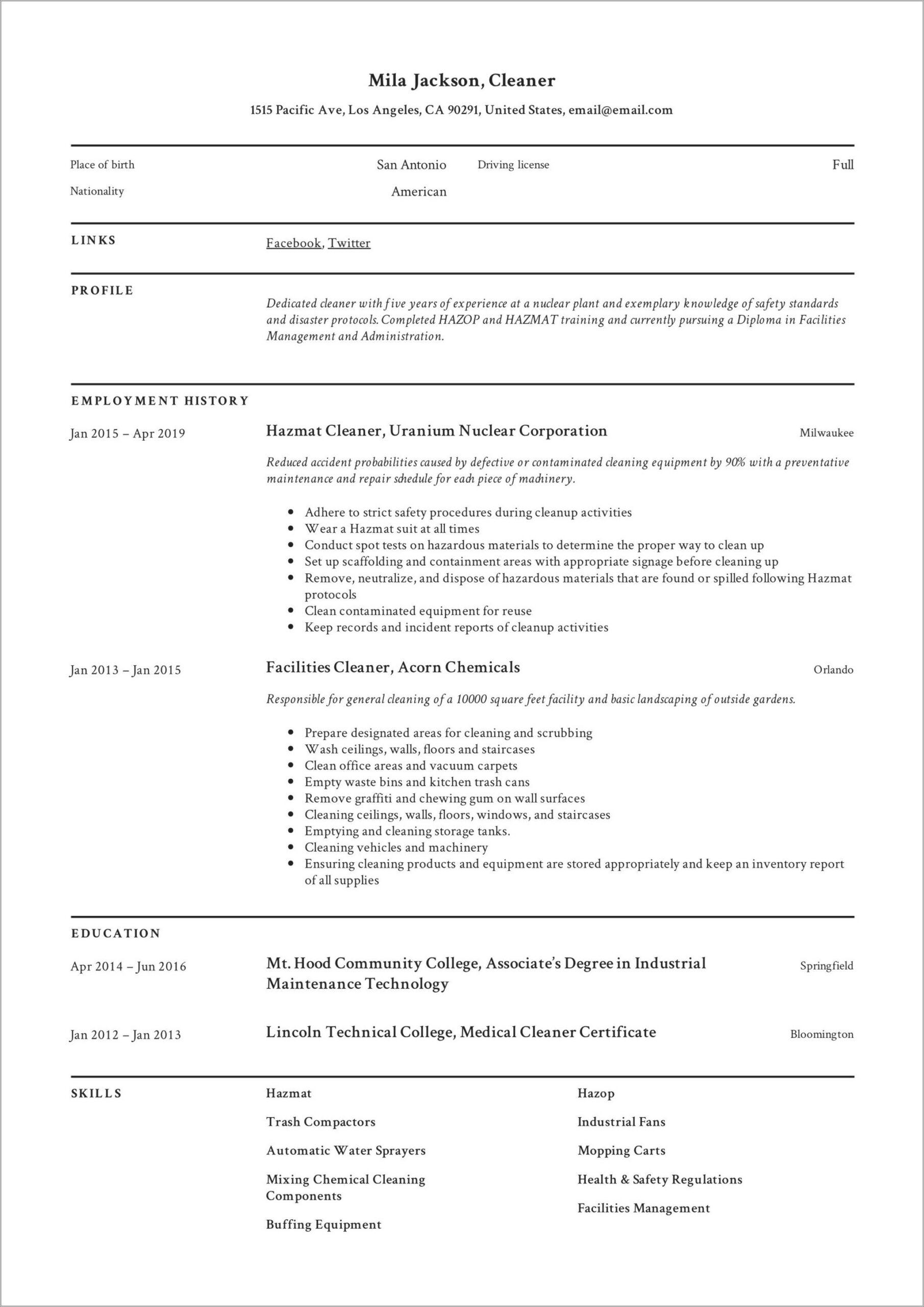 Cleaning Resume Skills And Work Experience