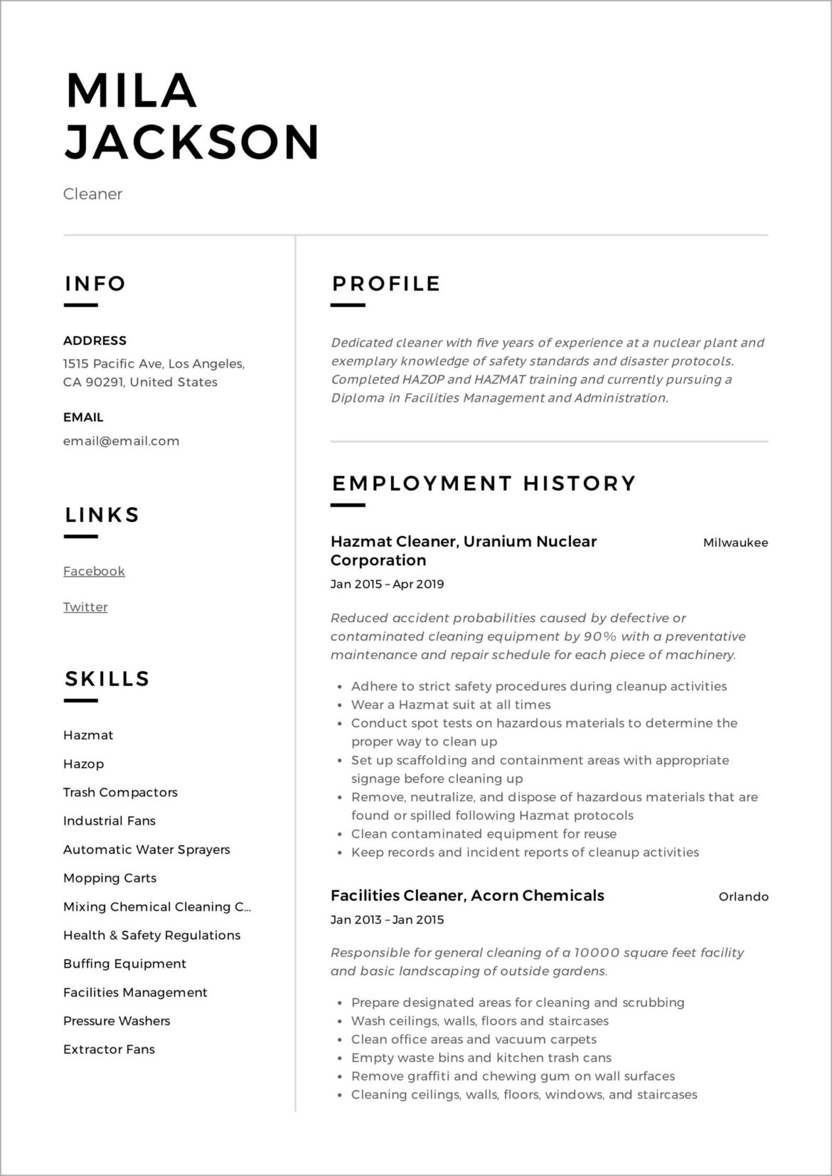 Cleaning Services Job Description For Resume