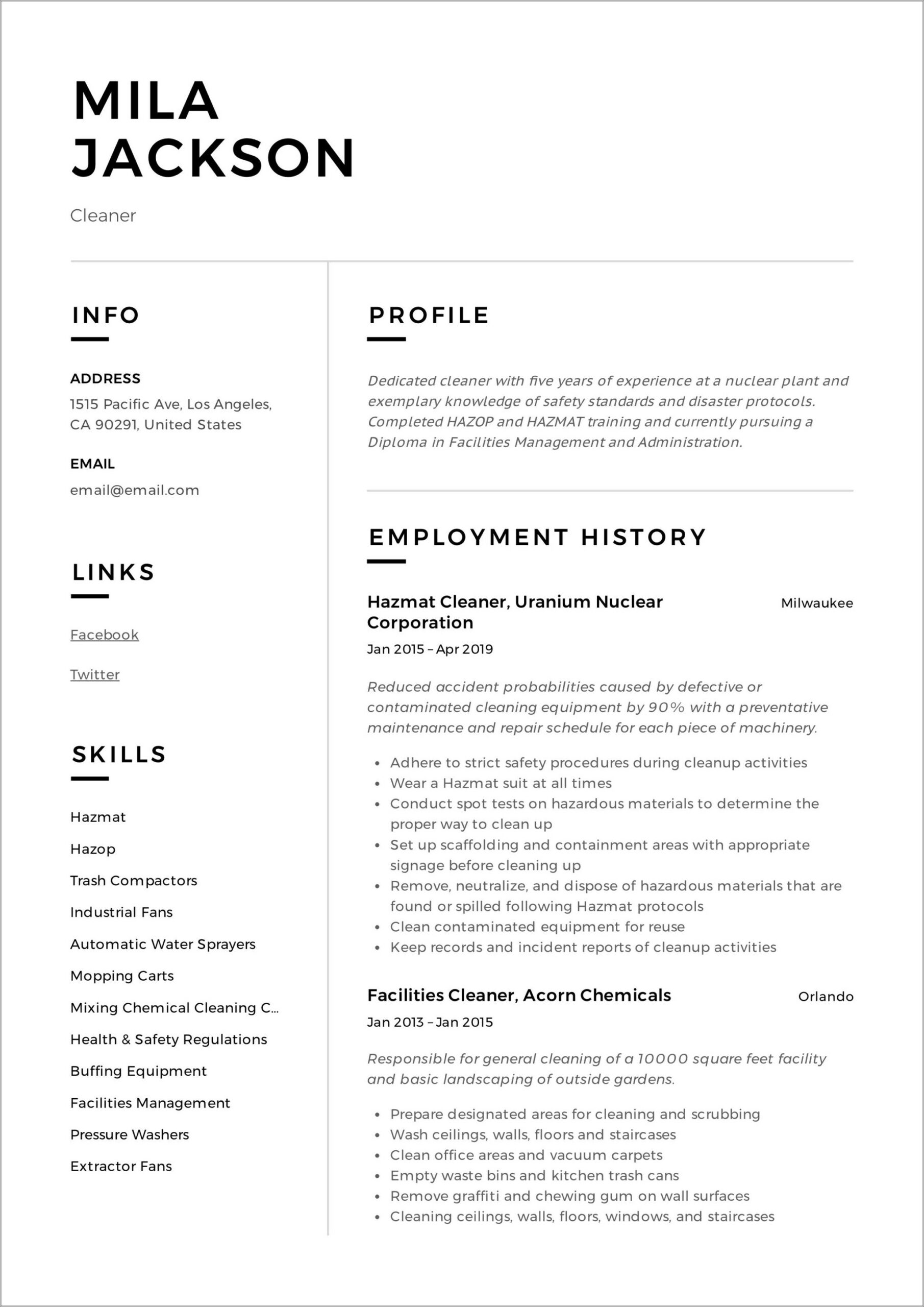Cleaning Services Job Description For Resume