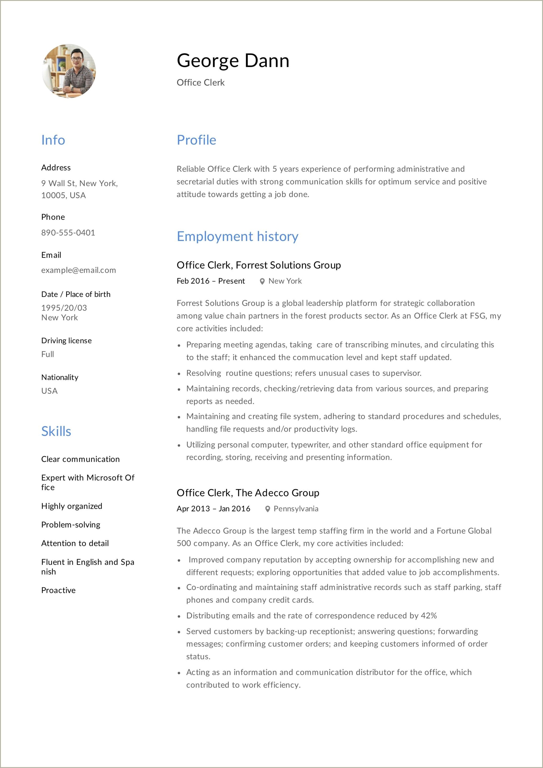 Clerical In A Hospital Resume Example