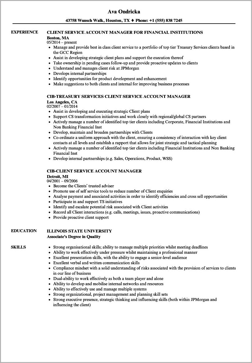 Client Service Account Manager Resume Sample