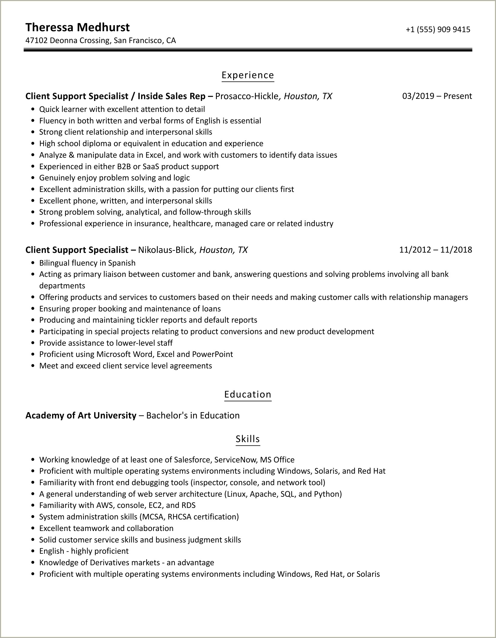 Client Support Specialist Job Resume Objective