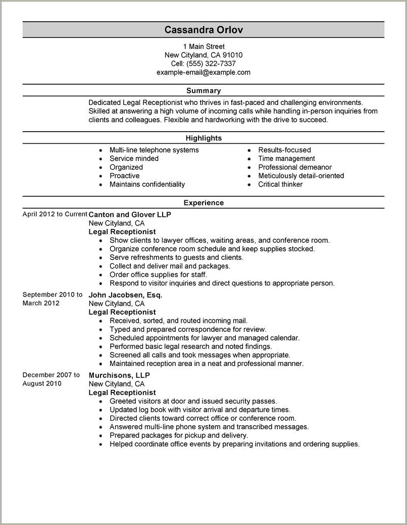 Clinic Receptionist Job Description For Resume