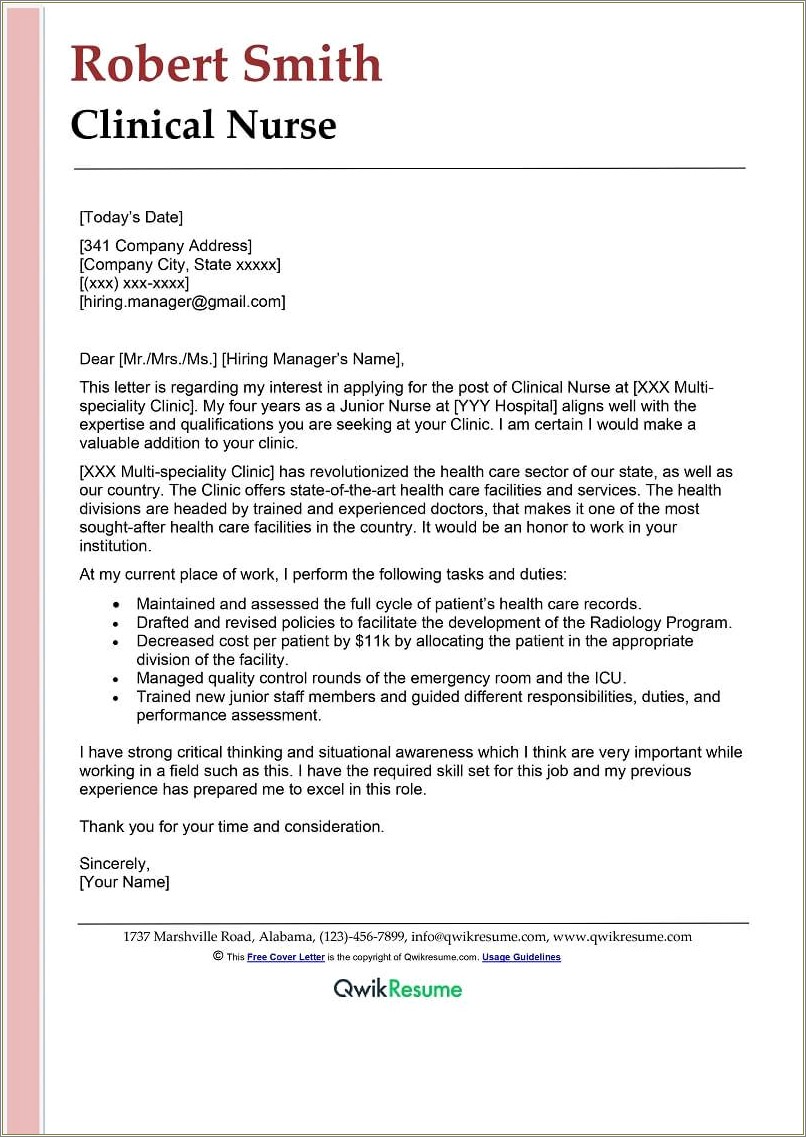 Clinical Nurse Resume Cover Letter Examples