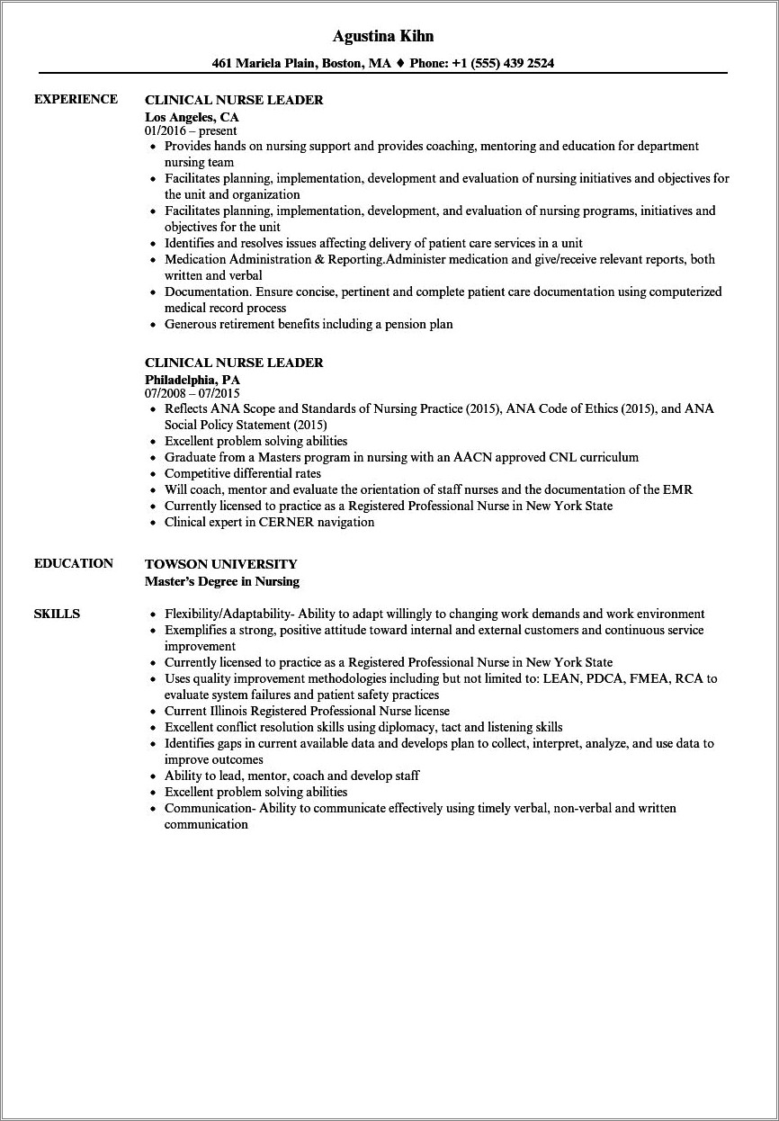 Clinical Nurse Specialist Resume Example Pdf