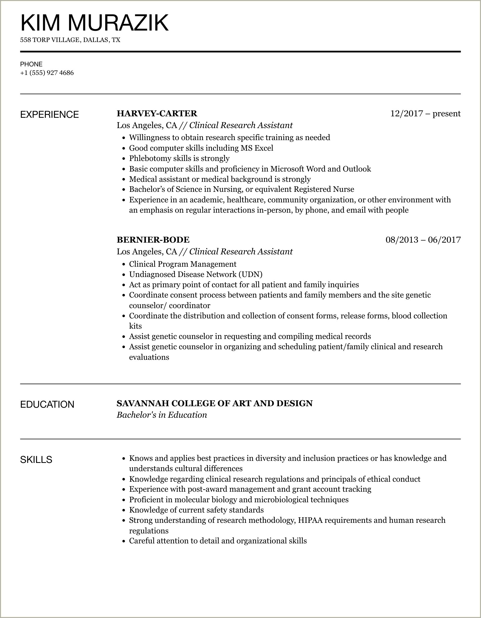 Clinical Research Assistant Job Resume Samples
