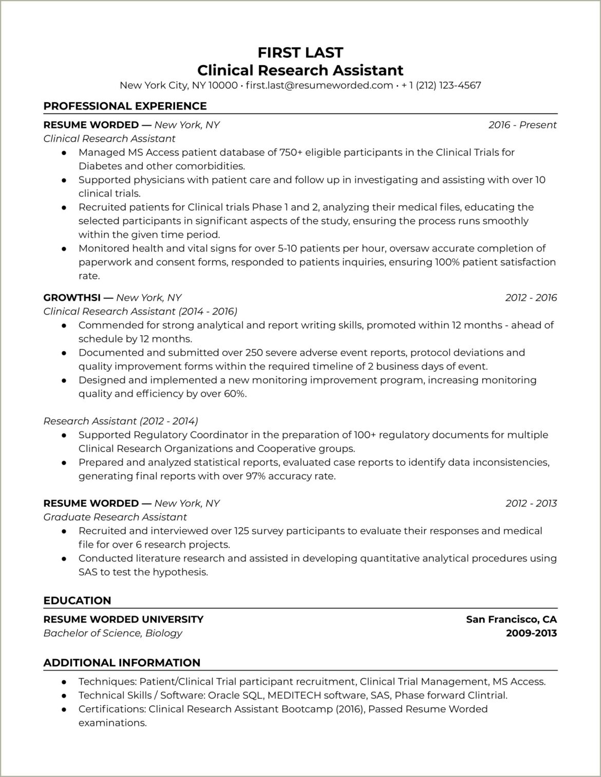 Clinical Research Associate No Experience Resume