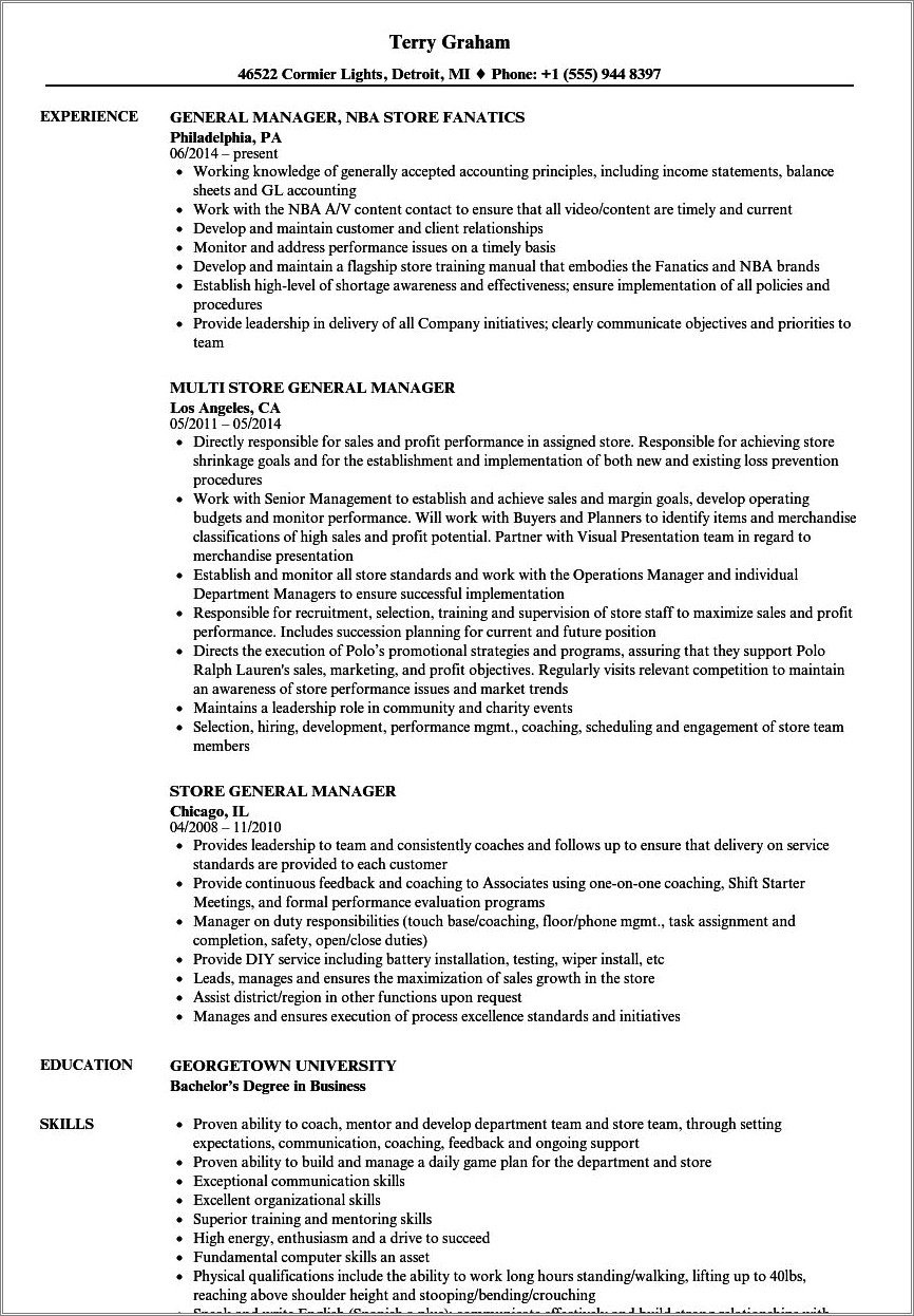 Clothing Store Manager Job Description For Resume