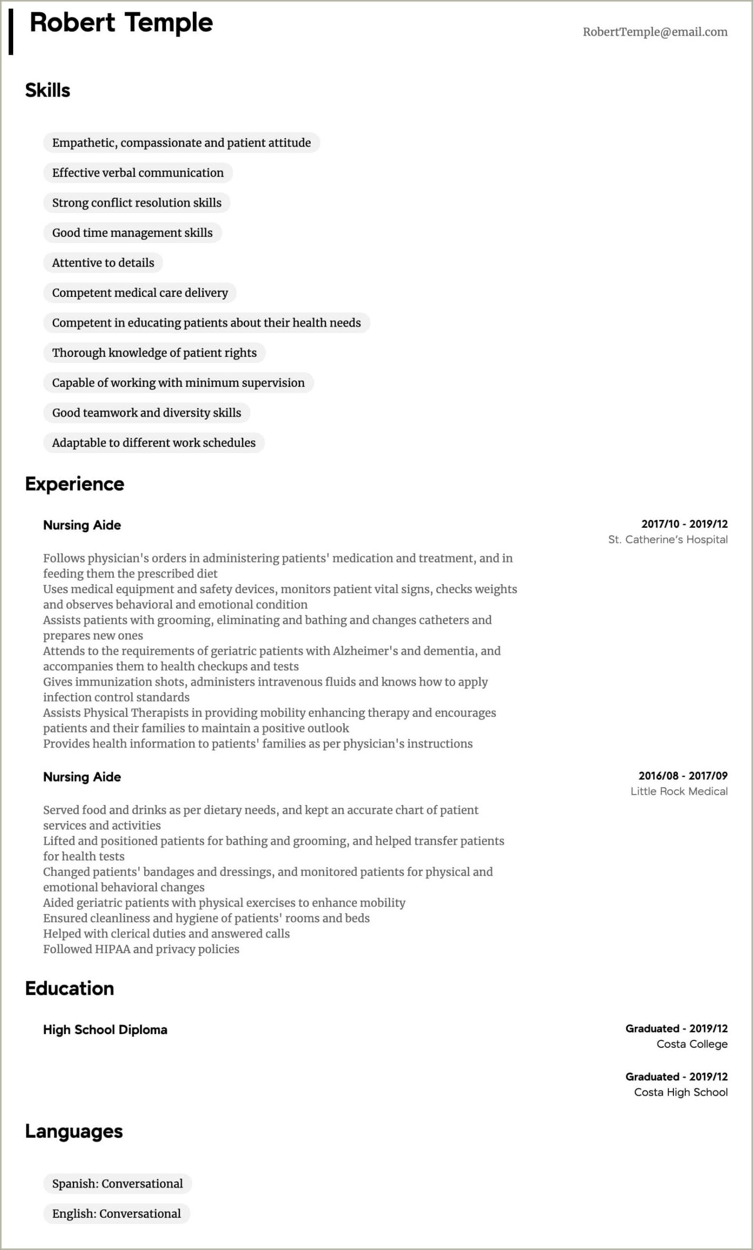 Cna Nursing Assistant Job Description Resume