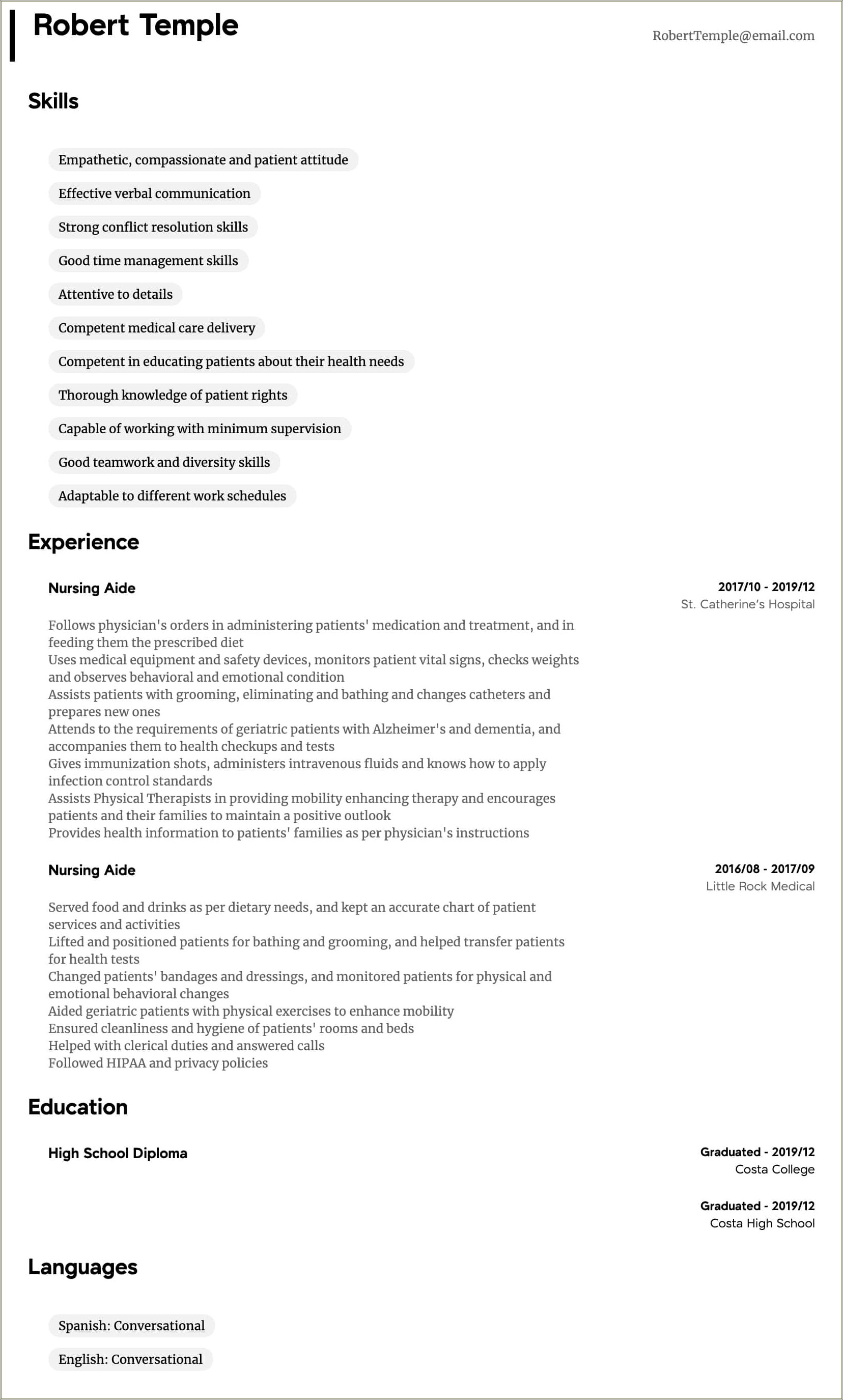 Cna Nursing Assistant Job Description Resume