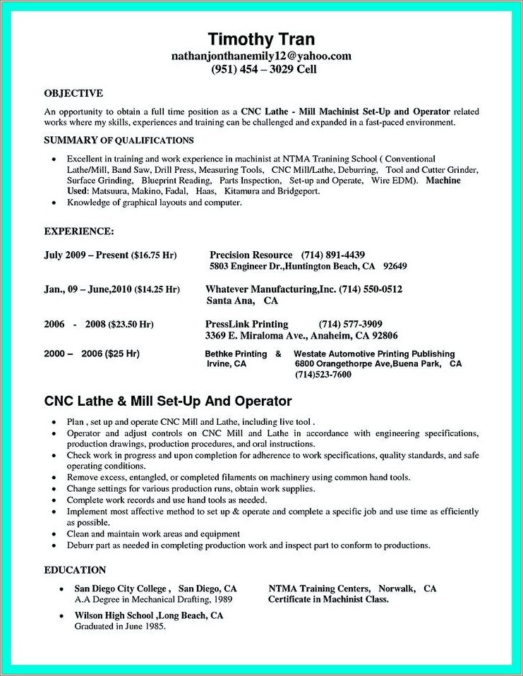 Cnc Lathe Machine Operator Resume Samples