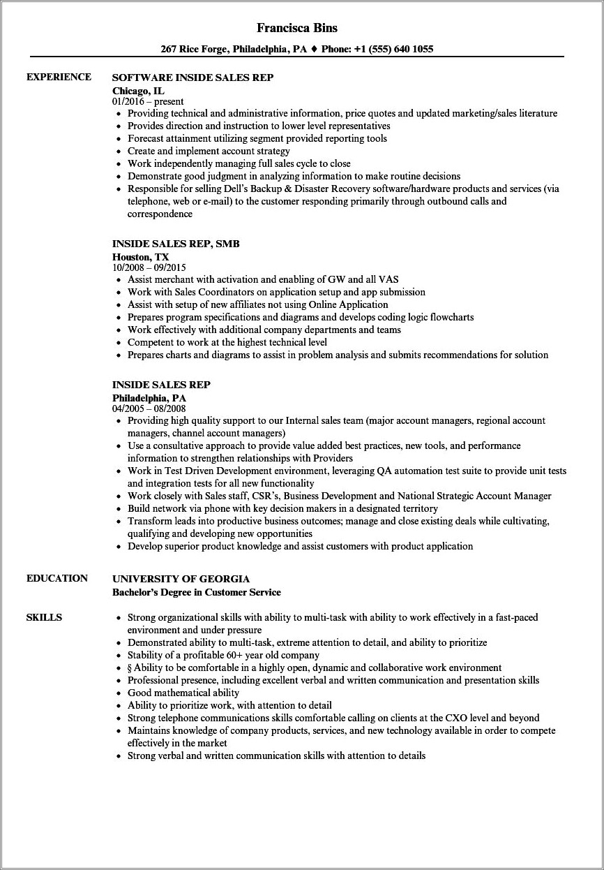 Cold Call Sales Representative Experience For Resume