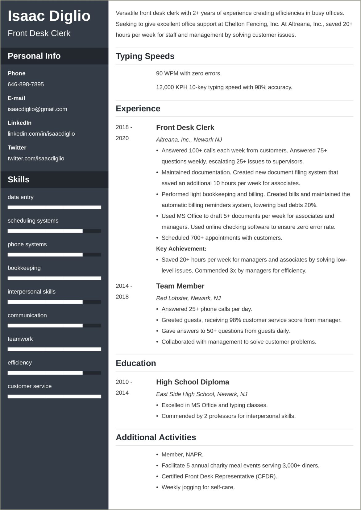 College Front Desk Job Resume Sample