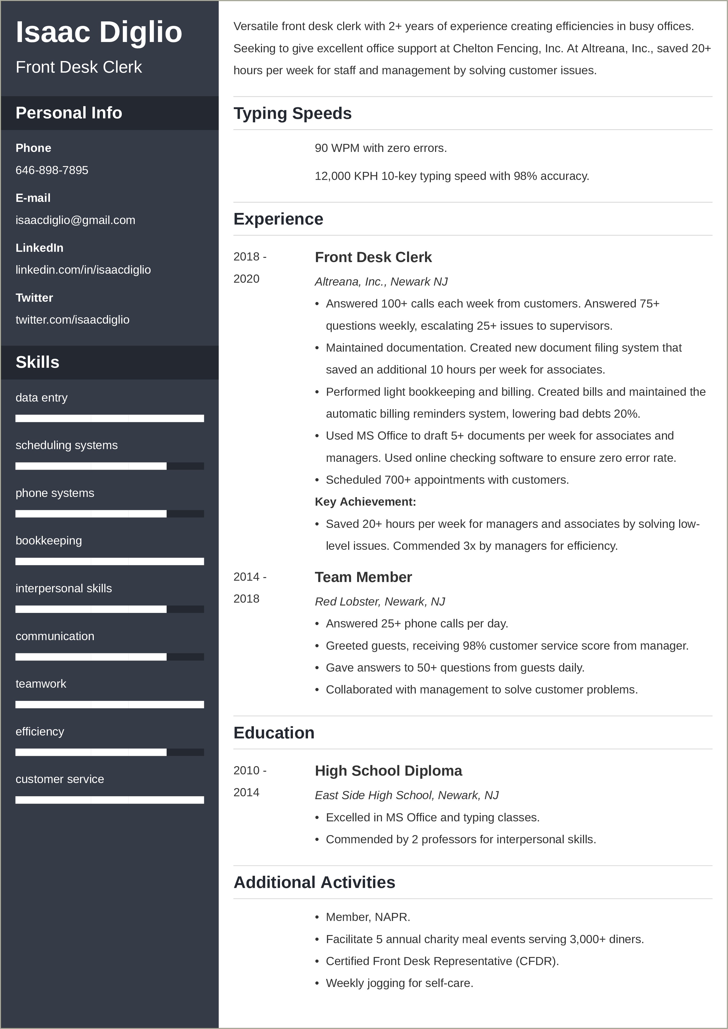 College Front Desk Job Resume Sample