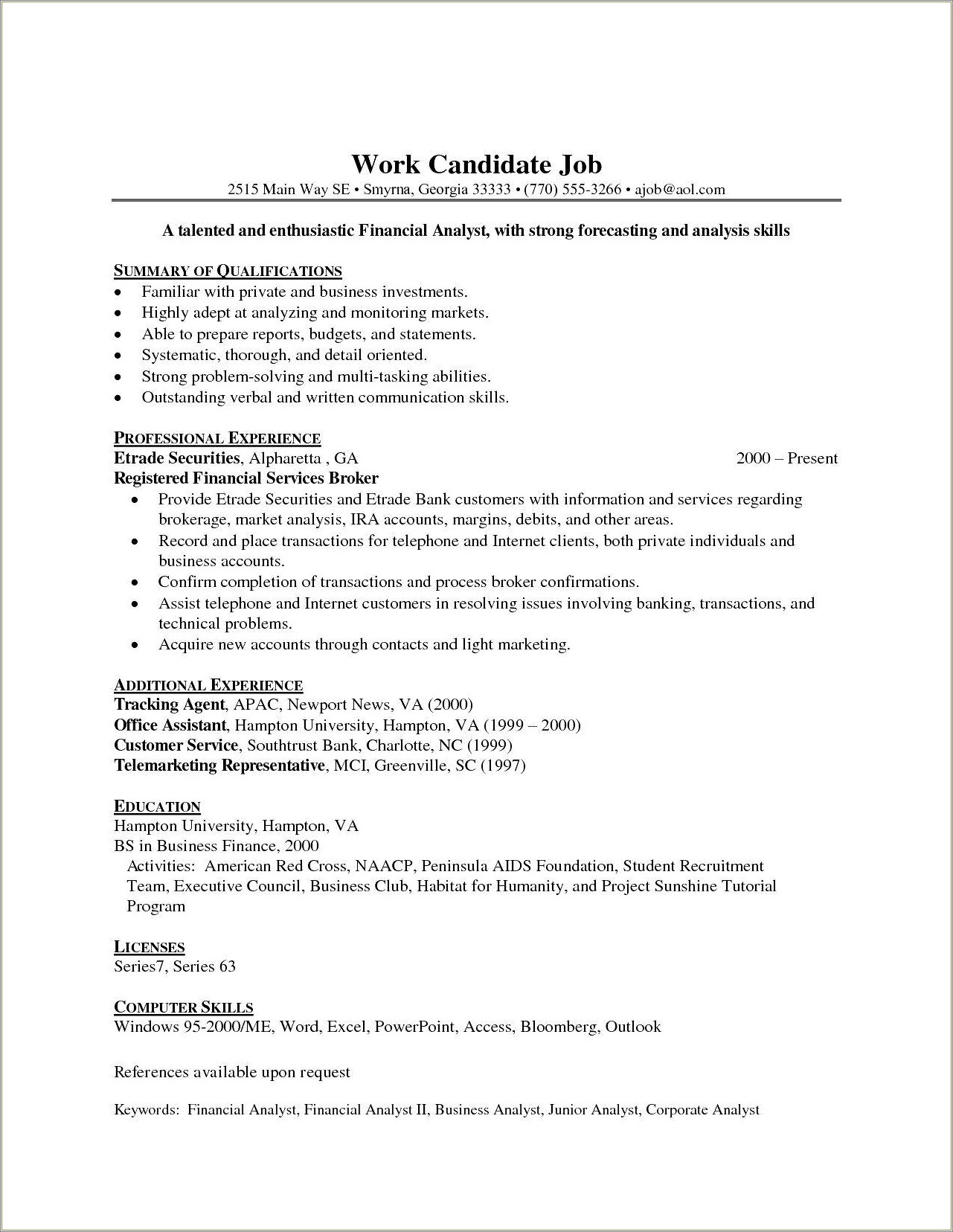 College Graduate Resume Objective Business Entry Level Job