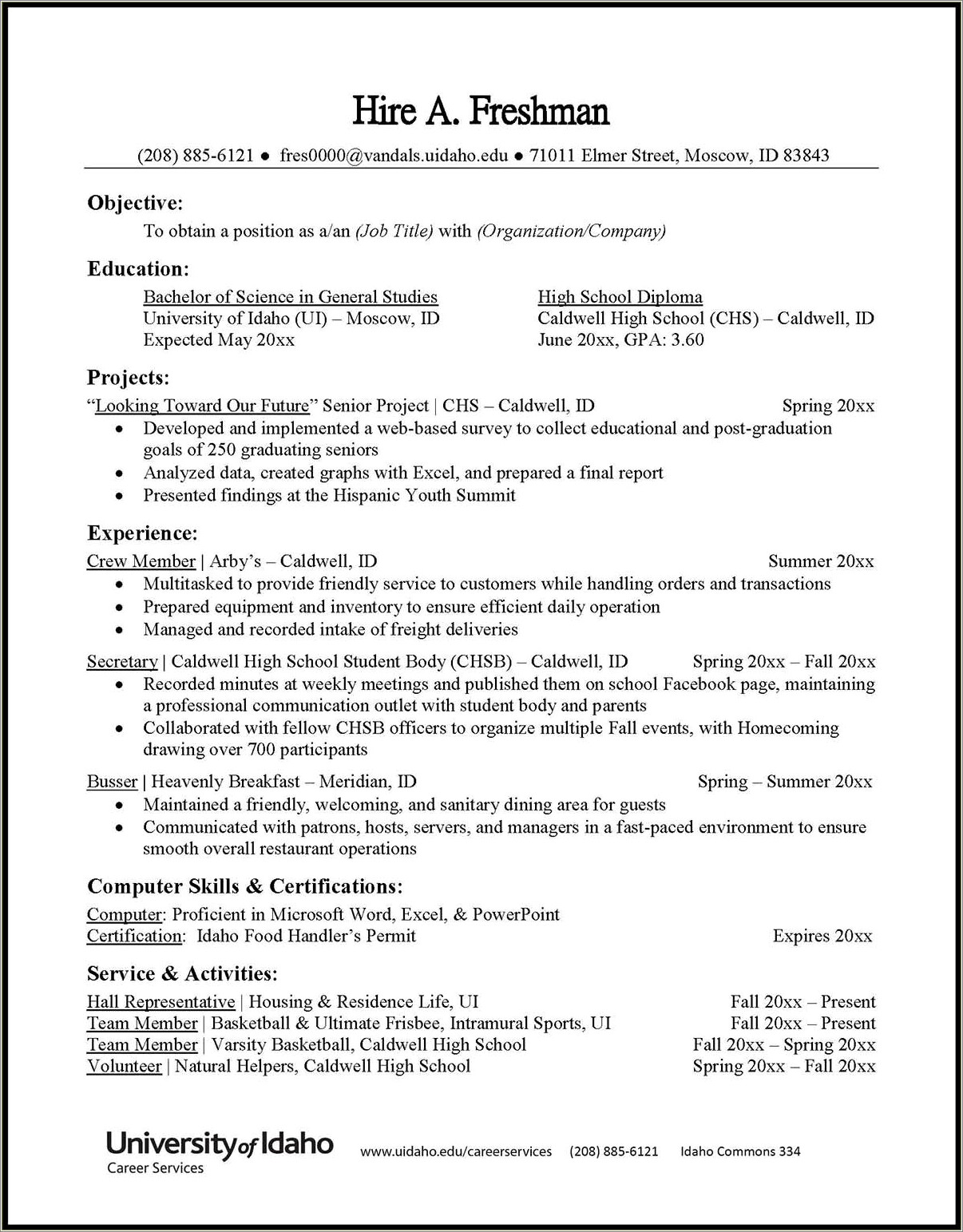 College Job Resume Outline Current Education