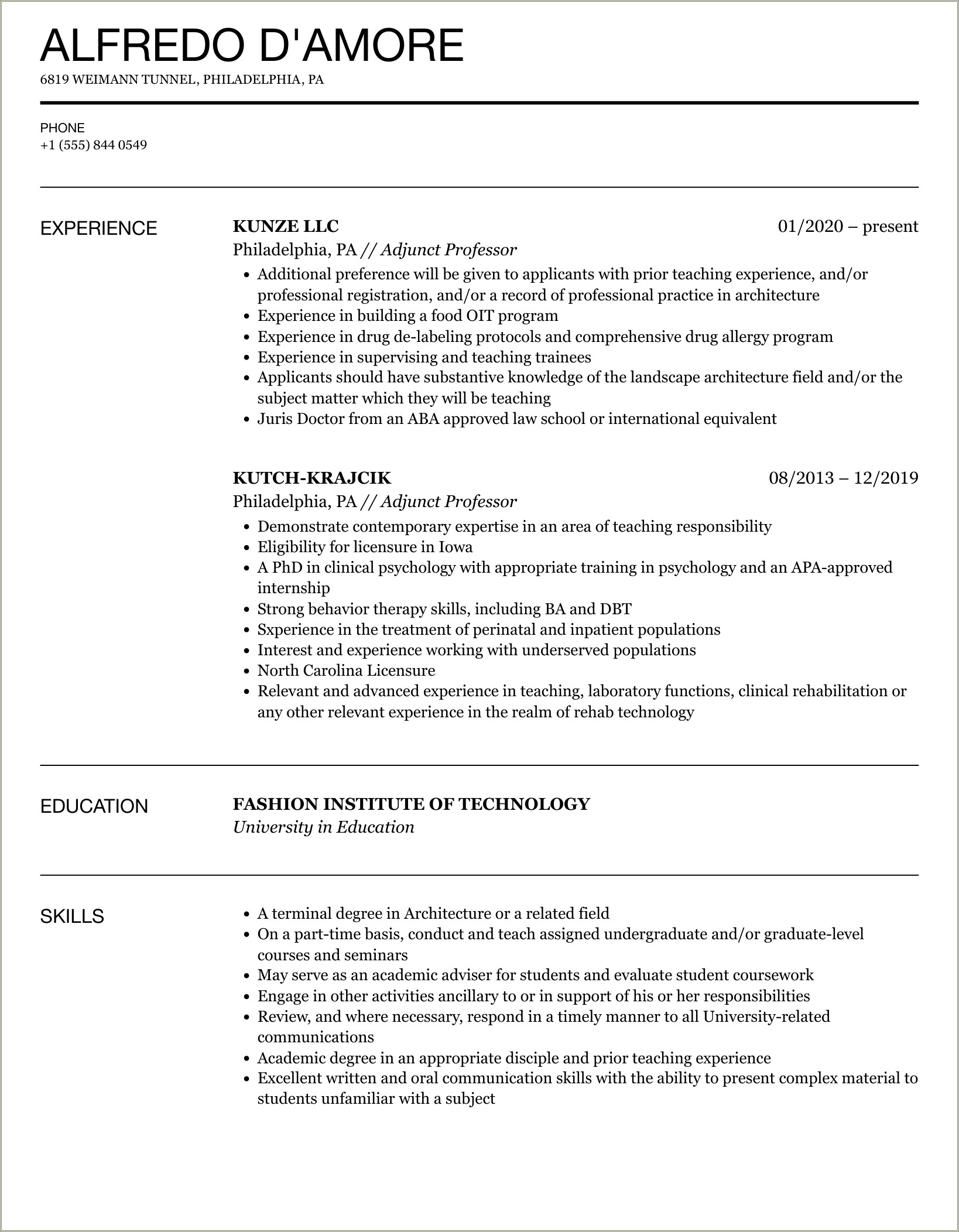 College Professor Resume With No Experience