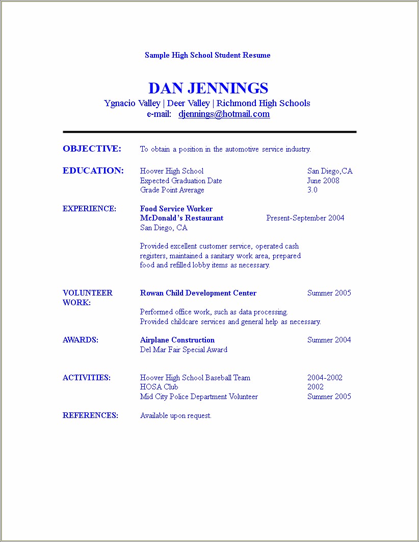 College Resume Template For High Schoolers