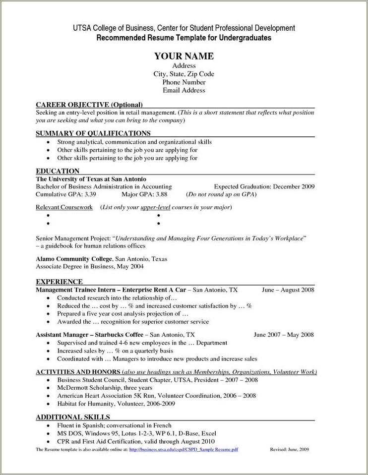 College Resume Template With Qualifications Summary