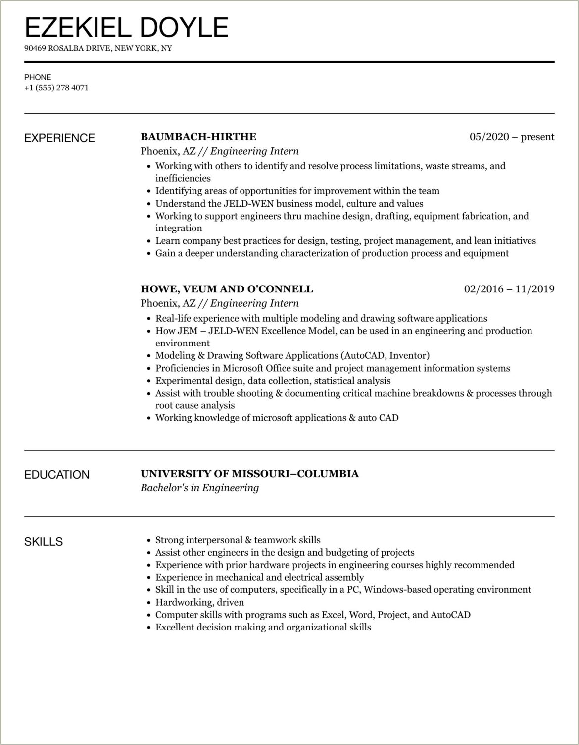 College Student Resume For Internship Template